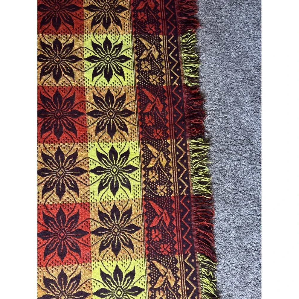 Vintage Polish Folk Wool Blanket Jacquard Floral Geometric Throw. Boho. Autumn.